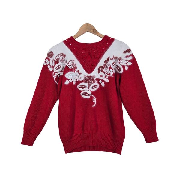 VTG Christine Beaded Rabbit Hair Angora Wool Blend Sweater sz M Red White Pearls - Picture 1 of 16